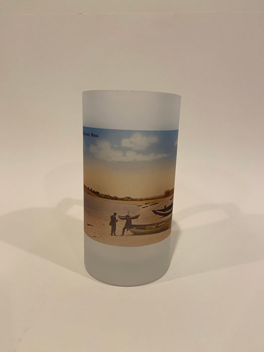 Colorful Frosted Glass Beer Mug of Peggotty Beach in Scituate, MA - Circa 1910.