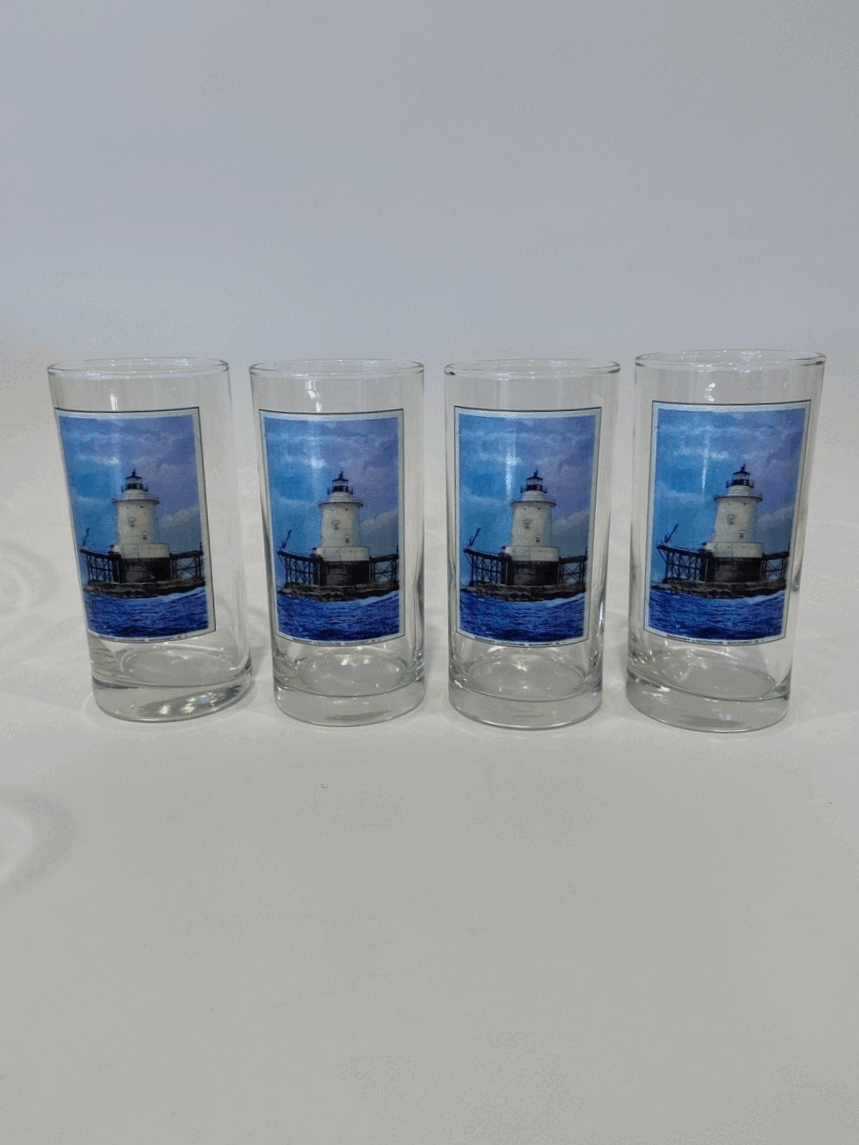 Sakonnet Light Off Little Compton, RI As Colorful Highball Glasses. Sold In Sets of 4