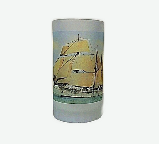 Colorful Frosted Glass Beer Mug of USS Nantucket Under Sail