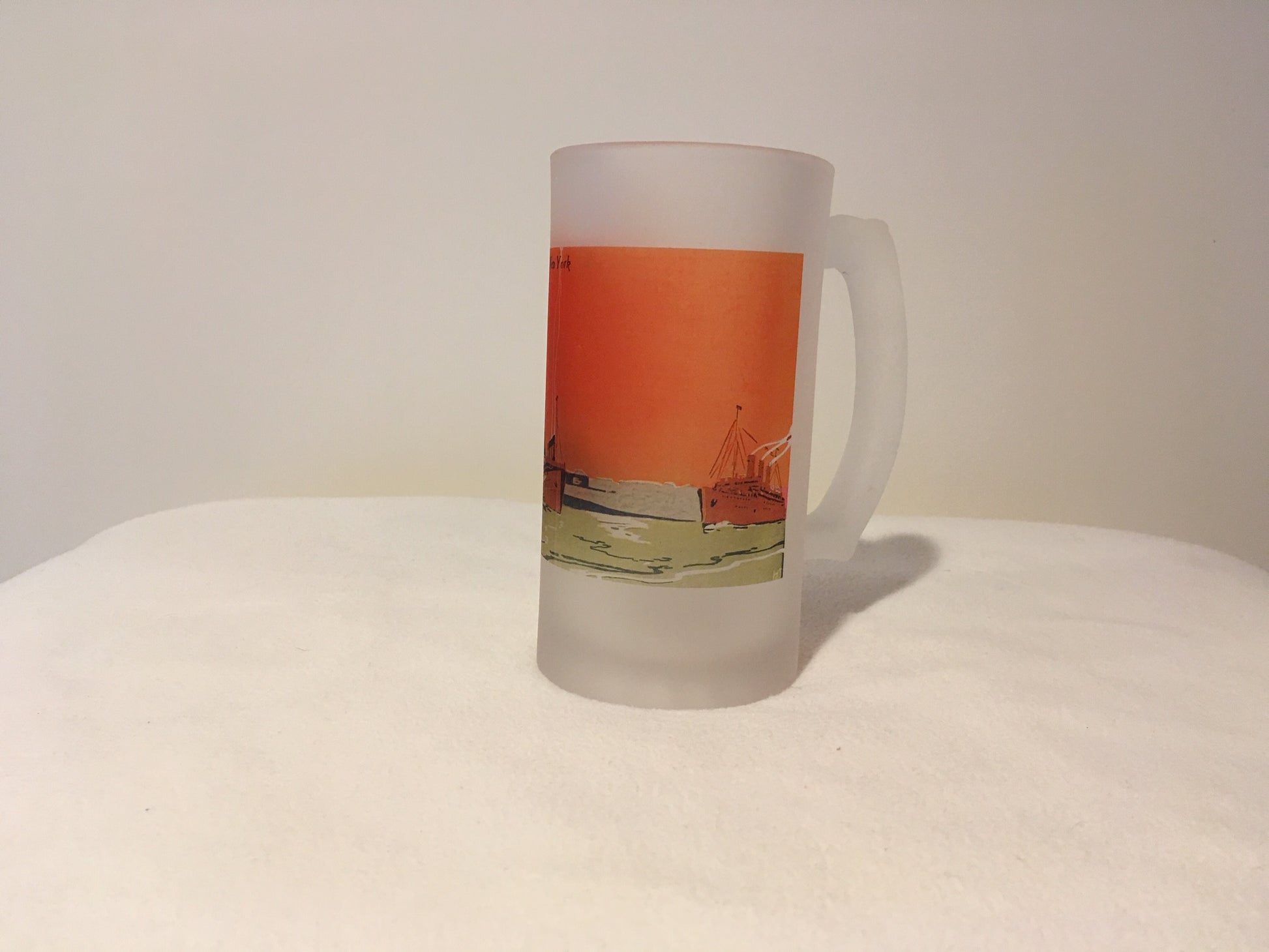 Colorful Frosted Glass Mug Featuring Art Nouveau Illustration of New York Harbor and Statue of Liberty - That Fabled Shore Home Decor