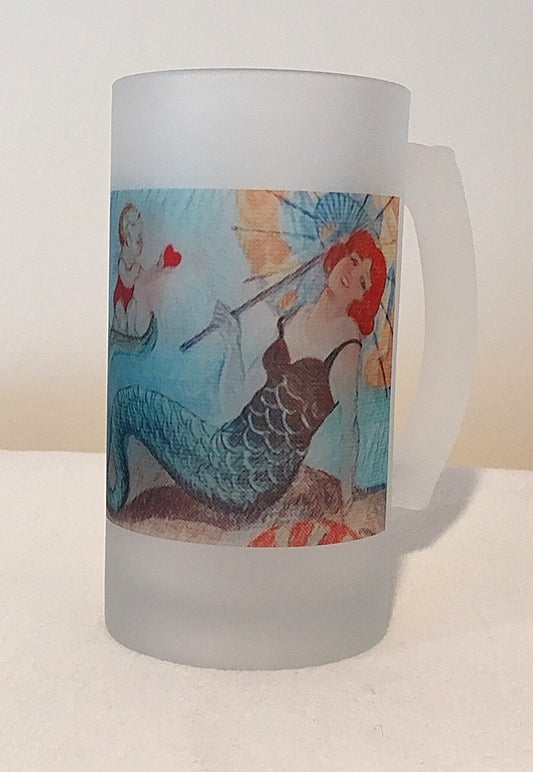 Art Deco Mermaid and Cupid Frosted Glass Beer Mug