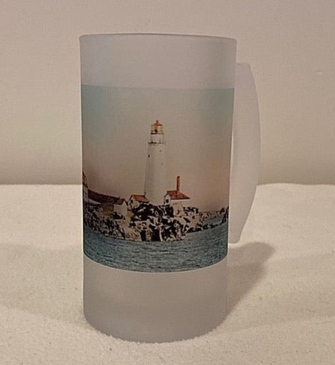 Colorful Frosted Glass Beer Mug Of Boston Light - That Fabled Shore Home Decor