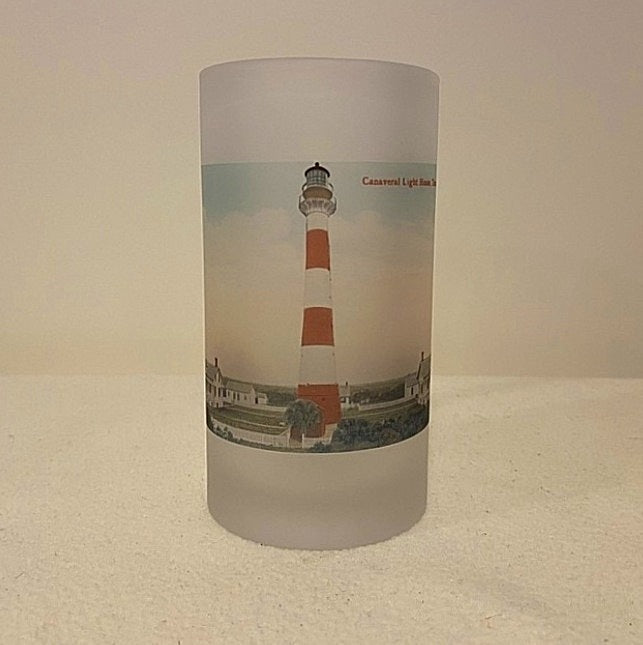 Colorful Frosted Glass Mug of Canaveral Light in Titusville, Florida