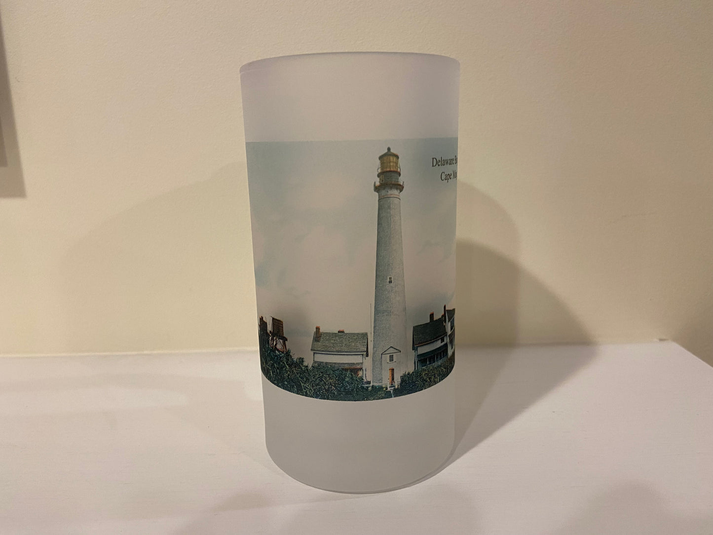 Colorful Frosted Glass Beer Mug of Cape May Lighthouse