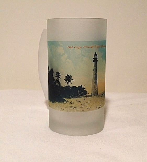 Colorful Frosted Glass Beer Mug Of Old Cape Florida Light Off Miami - That Fabled Shore Home Decor