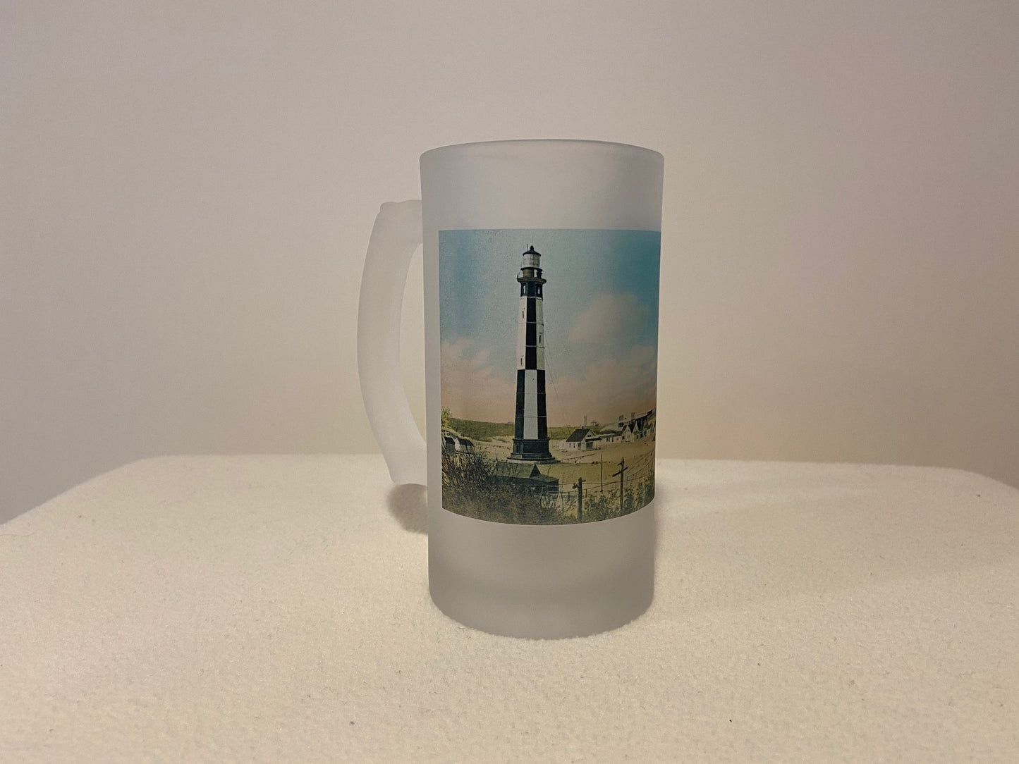 Colorful Frosted Glass Beer Mug of Cape Henry Light in Norfolk, Virginia - That Fabled Shore Home Decor