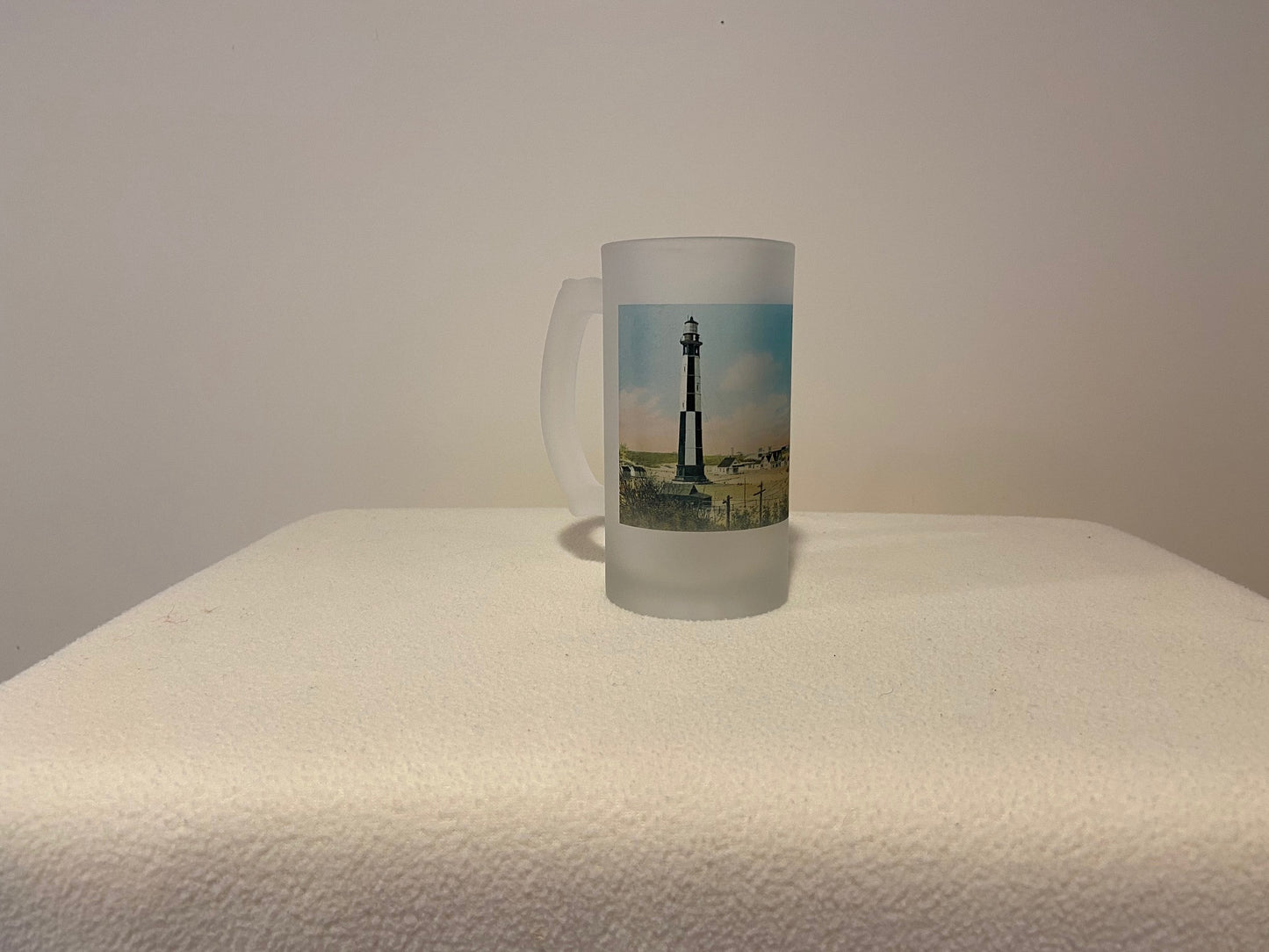 Colorful Frosted Glass Beer Mug of Cape Henry Light in Norfolk, Virginia - That Fabled Shore Home Decor
