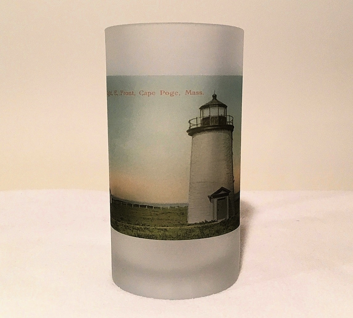 Colorful Frosted Glass Beer Mug of Cape Poge Lighthouse in Chappaquidick, MA - That Fabled Shore Home Decor