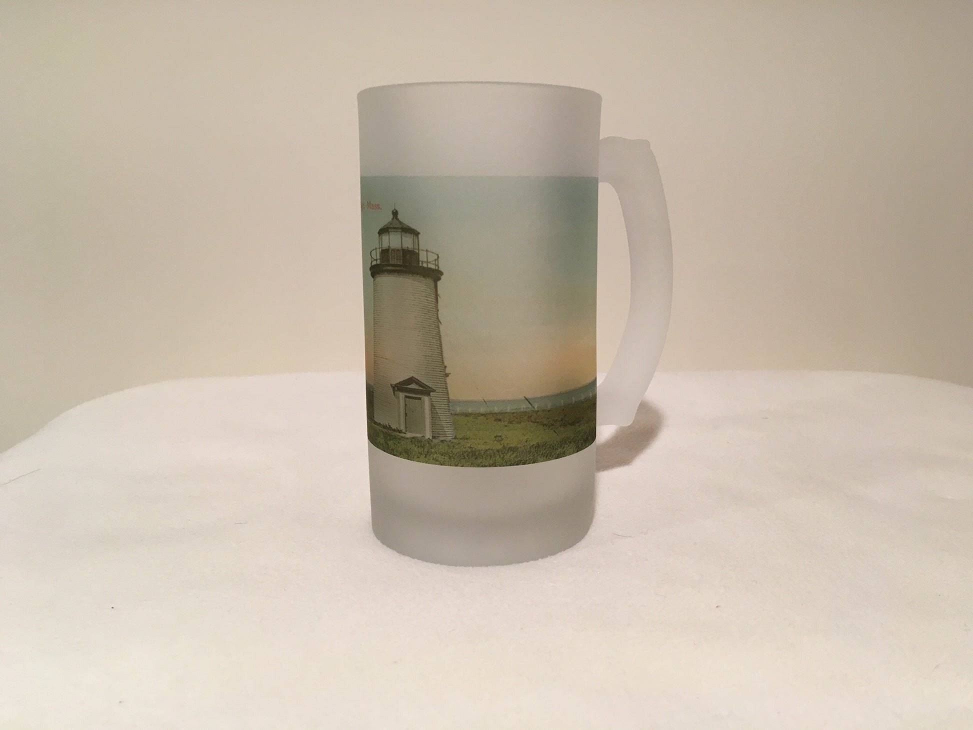 Colorful Frosted Glass Beer Mug of Cape Poge Lighthouse in Chappaquidick, MA - That Fabled Shore Home Decor