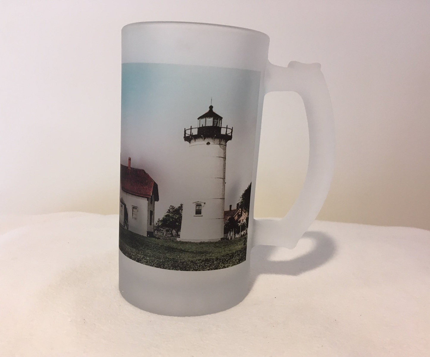Colorful Frosted Glass Mug Of The Twin Lights of Chatham, MA - That Fabled Shore Home Decor