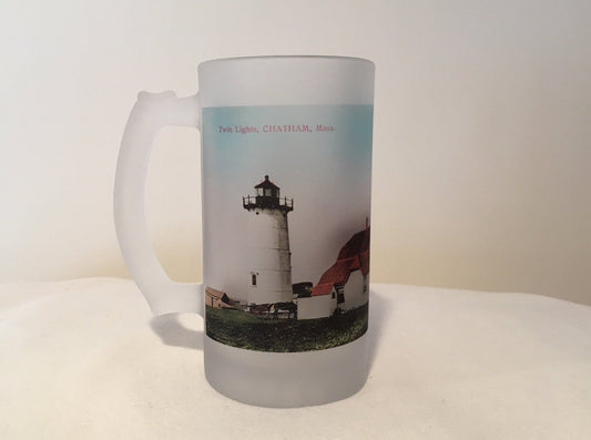 Colorful Frosted Glass Mug Of The Twin Lights of Chatham, MA - That Fabled Shore Home Decor