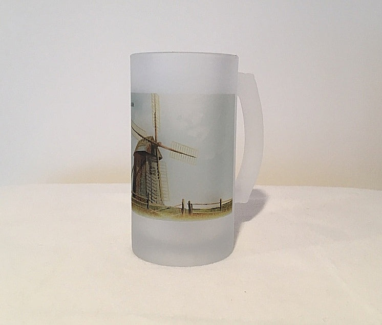 Colorful Frosted Glass Beer Mug of A Wind Mill in Chatham, MA - That Fabled Shore Home Decor