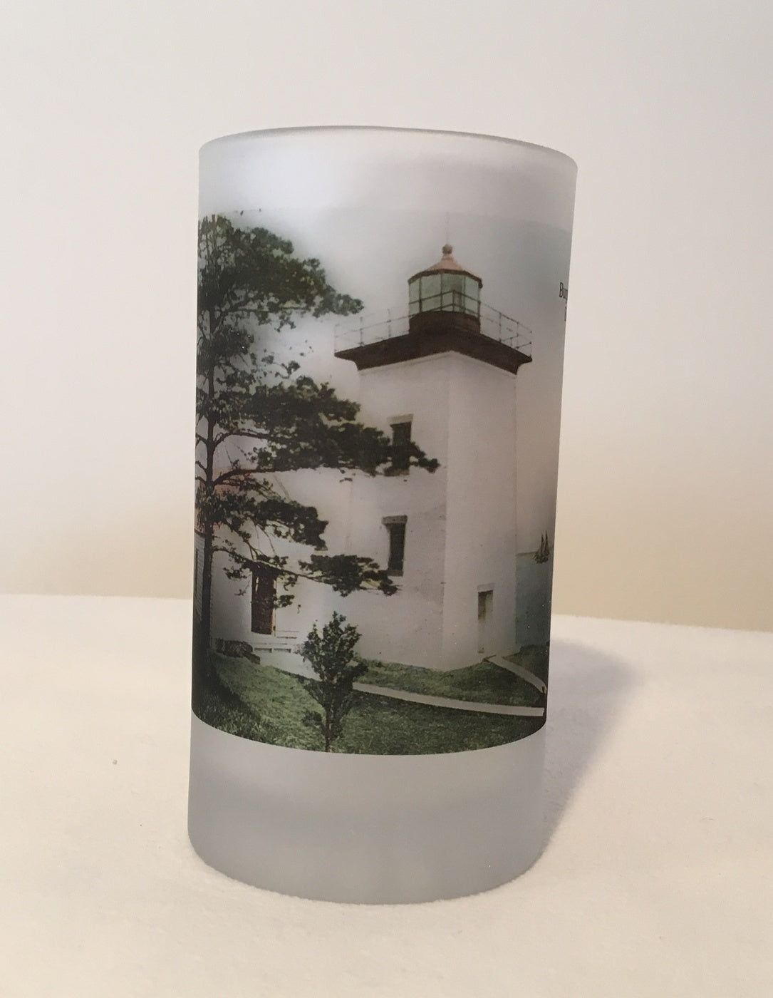 Colorful Frosted Glass Mug of Historic  Burgess Point Light in Beverly, MA - That Fabled Shore Home Decor