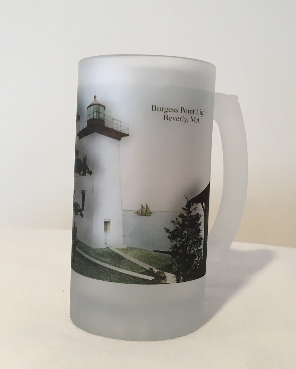 Colorful Frosted Glass Mug of Historic  Burgess Point Light in Beverly, MA - That Fabled Shore Home Decor
