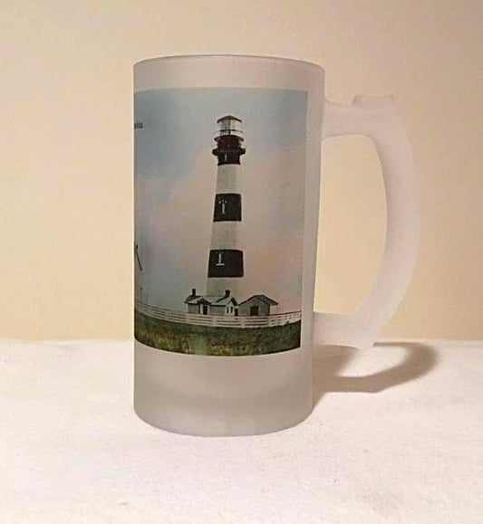 Colorful Frosted Glass Beer Mug Of North Carolina's Bodie Island Lighthouse - That Fabled Shore Home Decor
