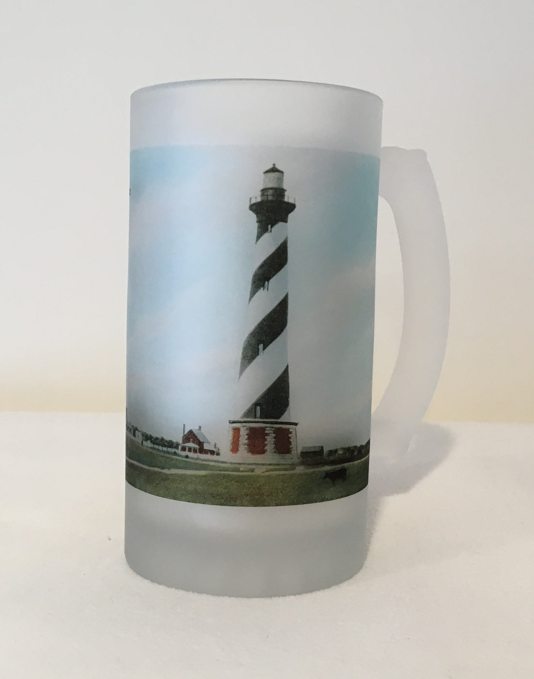 Colorful Frosted Glass Mug of Cape Hatteras Light in North Carolina - That Fabled Shore Home Decor