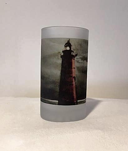 Colorful Frosted Glass Mug of Minot's Light At Night - That Fabled Shore Home Decor