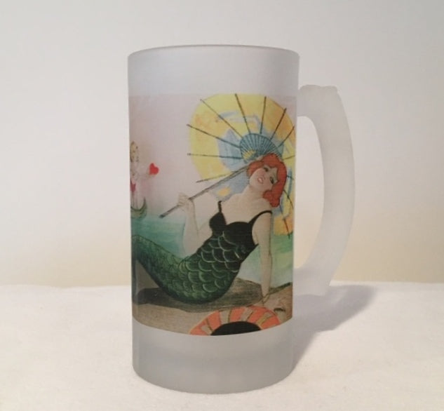 Colorful Frosted Glass Mug Of Art Deco Mermaid And Cupid - That Fabled Shore Home Decor