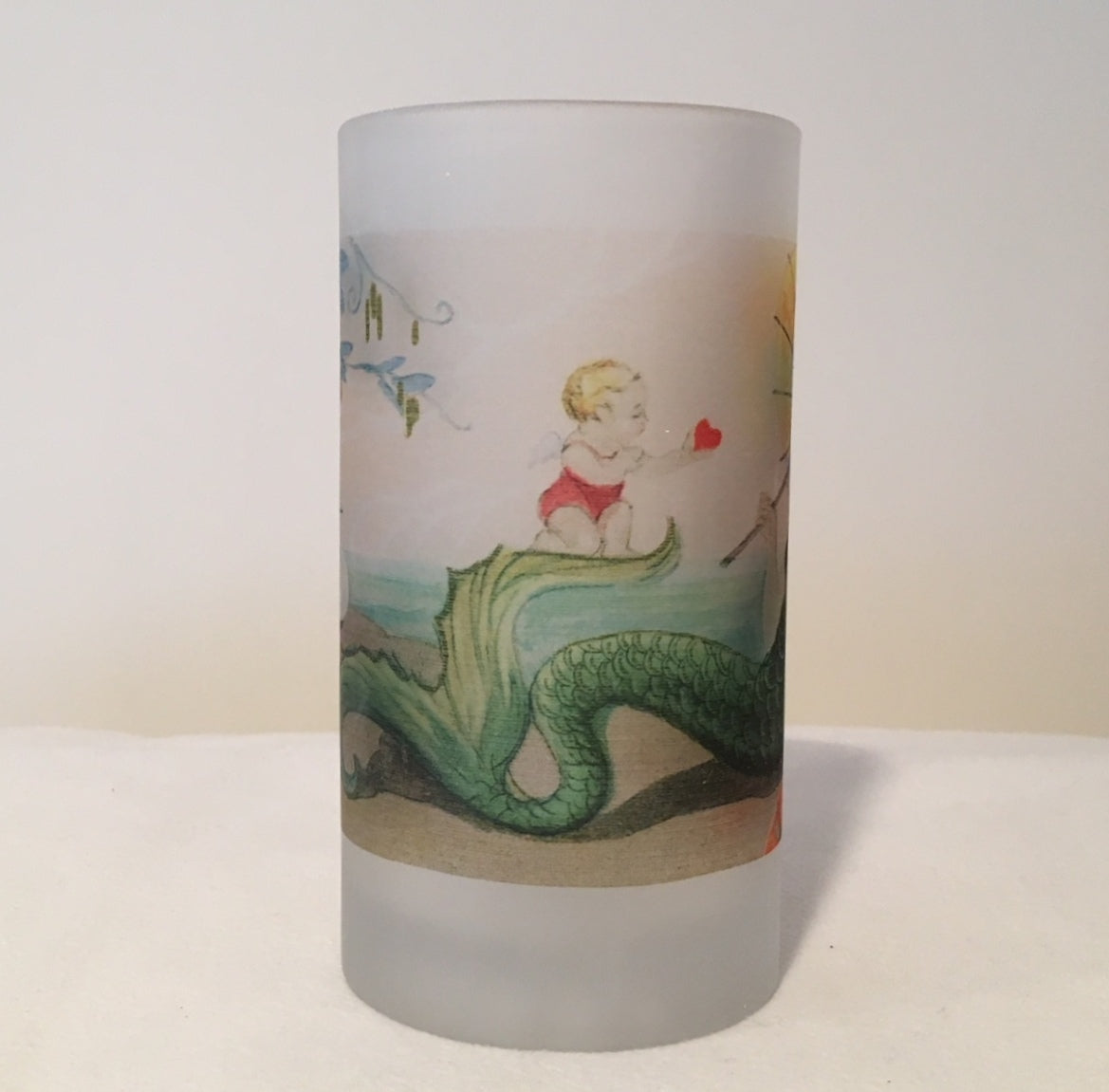 Colorful Frosted Glass Mug Of Art Deco Mermaid And Cupid - That Fabled Shore Home Decor