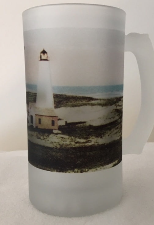 Colorful Frosted Glass Beer Mug of Nantucket's Great Point Light - That Fabled Shore Home Decor