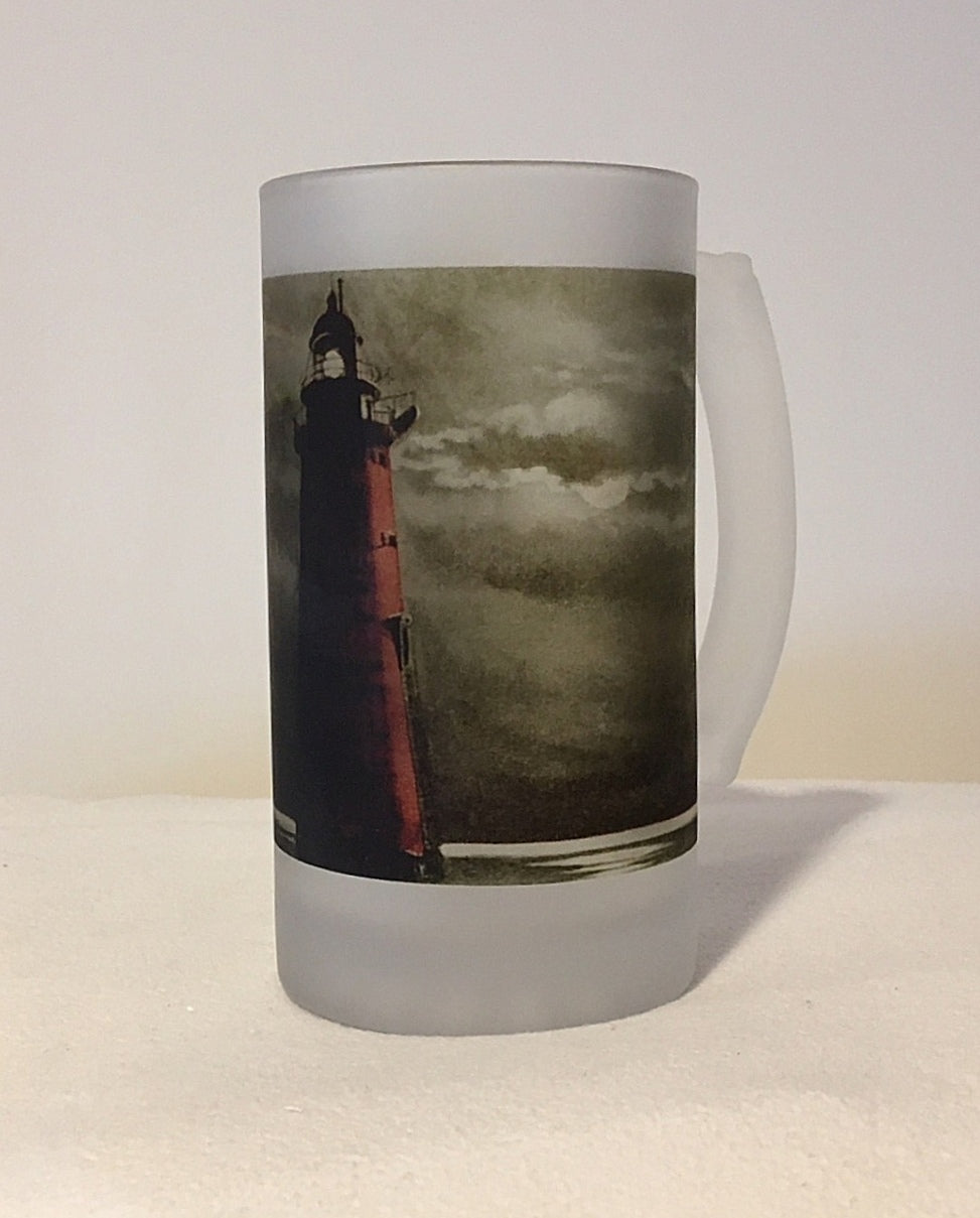 Colorful Frosted Glass Mug of Minot's Light At Night - That Fabled Shore Home Decor