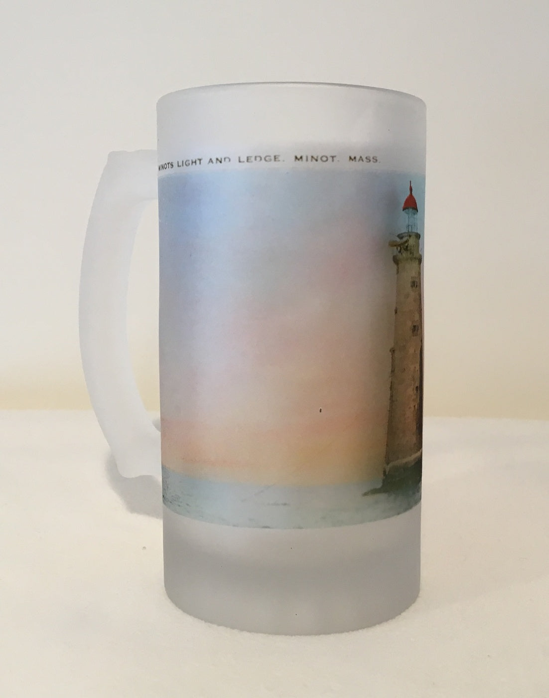 Colorful Frosted Glass Mug of Minot's Light at Dusk - That Fabled Shore Home Decor