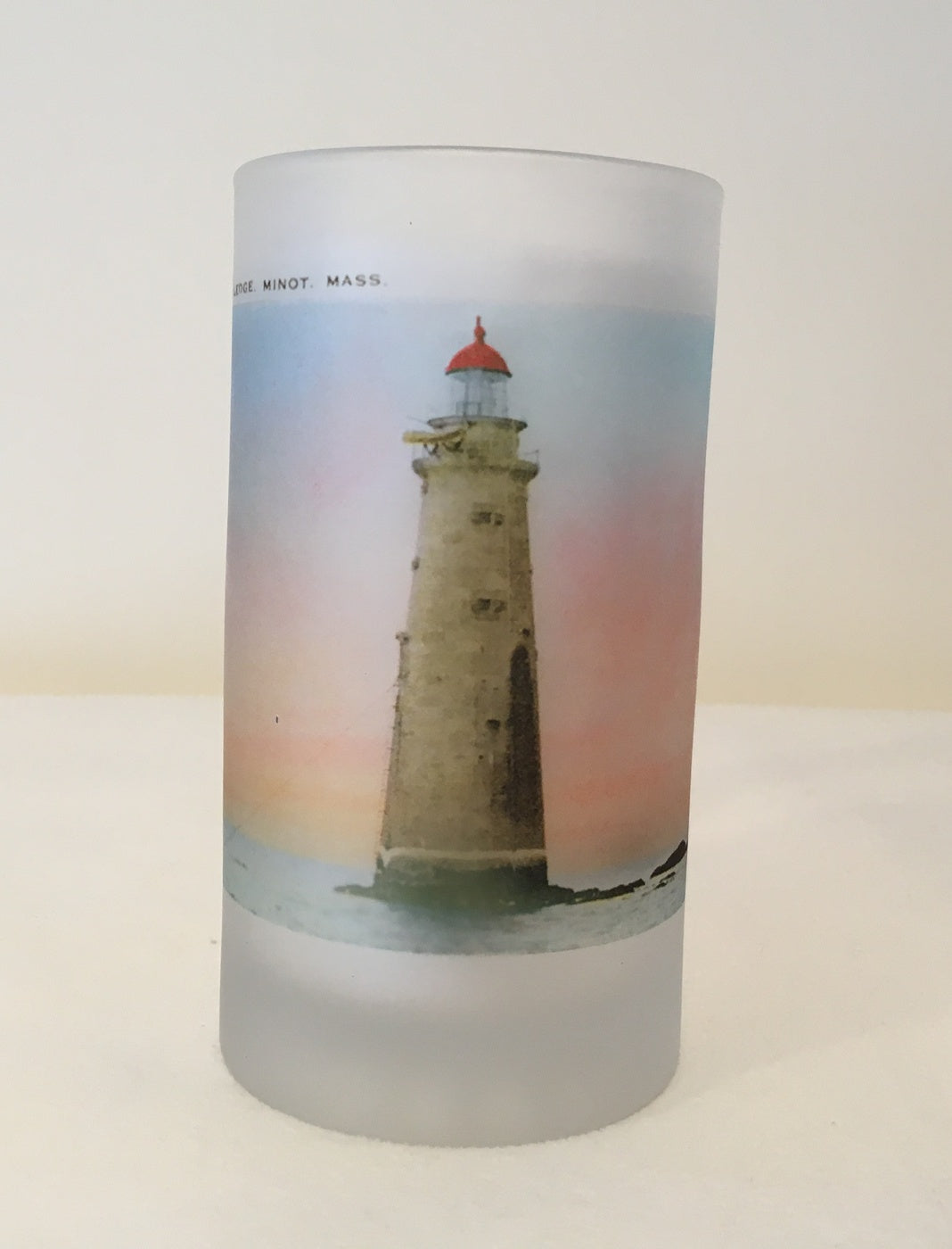 Colorful Frosted Glass Mug of Minot's Light at Dusk - That Fabled Shore Home Decor