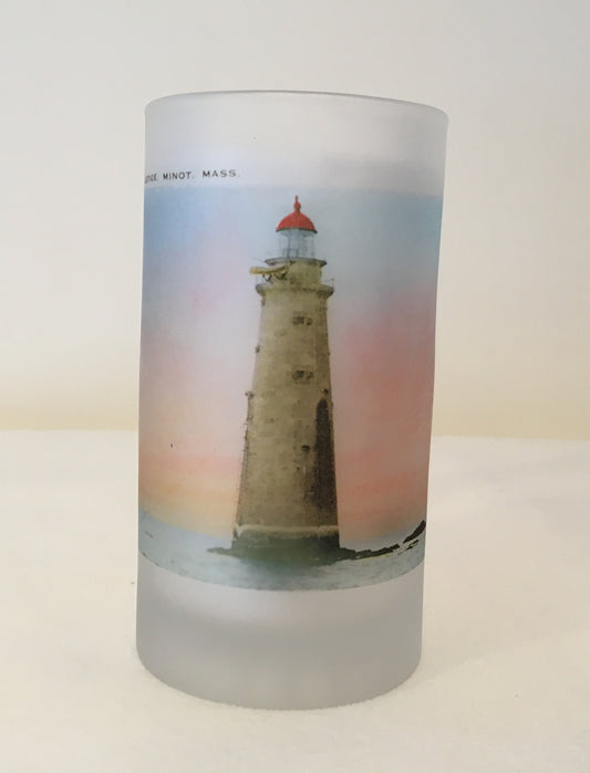 Colorful Frosted Glass Mug of Minot's Light at Dusk - That Fabled Shore Home Decor