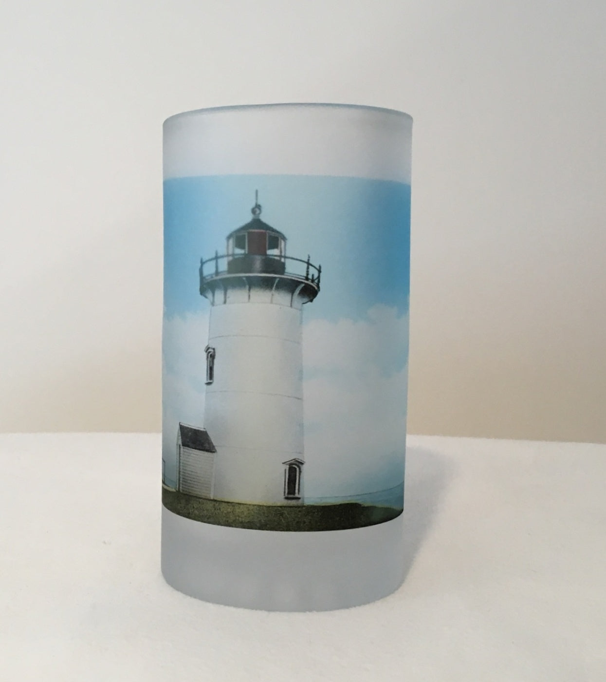 Colorful Frosted Glass Mug of Nobska Light in Falmouth, MA on Cape Cod - That Fabled Shore Home Decor