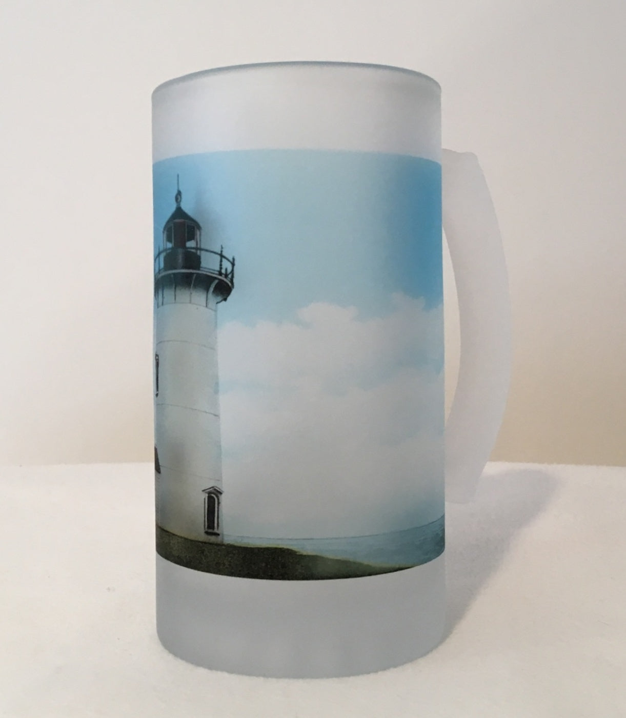 Colorful Frosted Glass Mug of Nobska Light in Falmouth, MA on Cape Cod - That Fabled Shore Home Decor