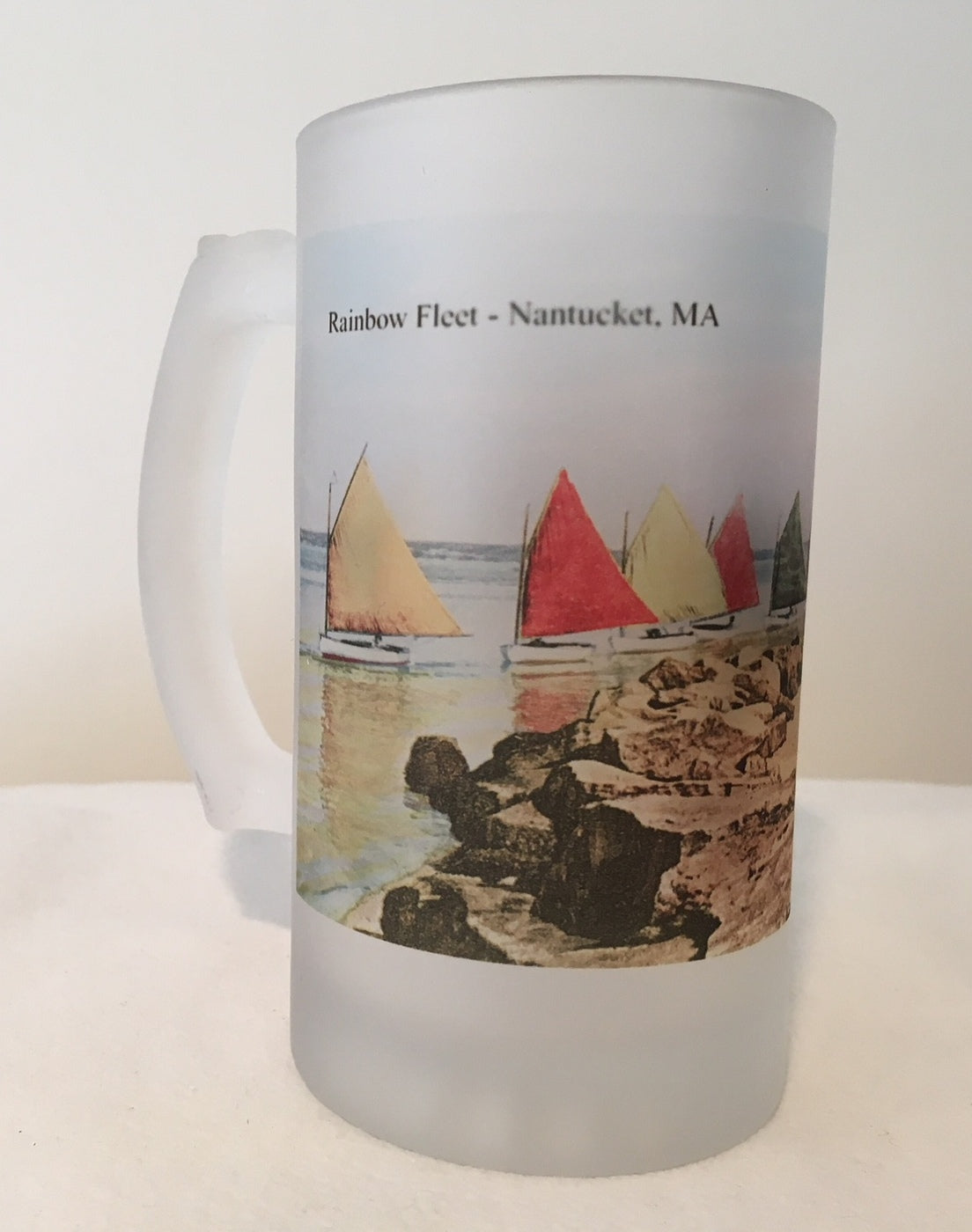 Colorful Frosted Glass Beer Mug of Nantucket's Rainbow Fleet Rounding Brant Point - That Fabled Shore Home Decor