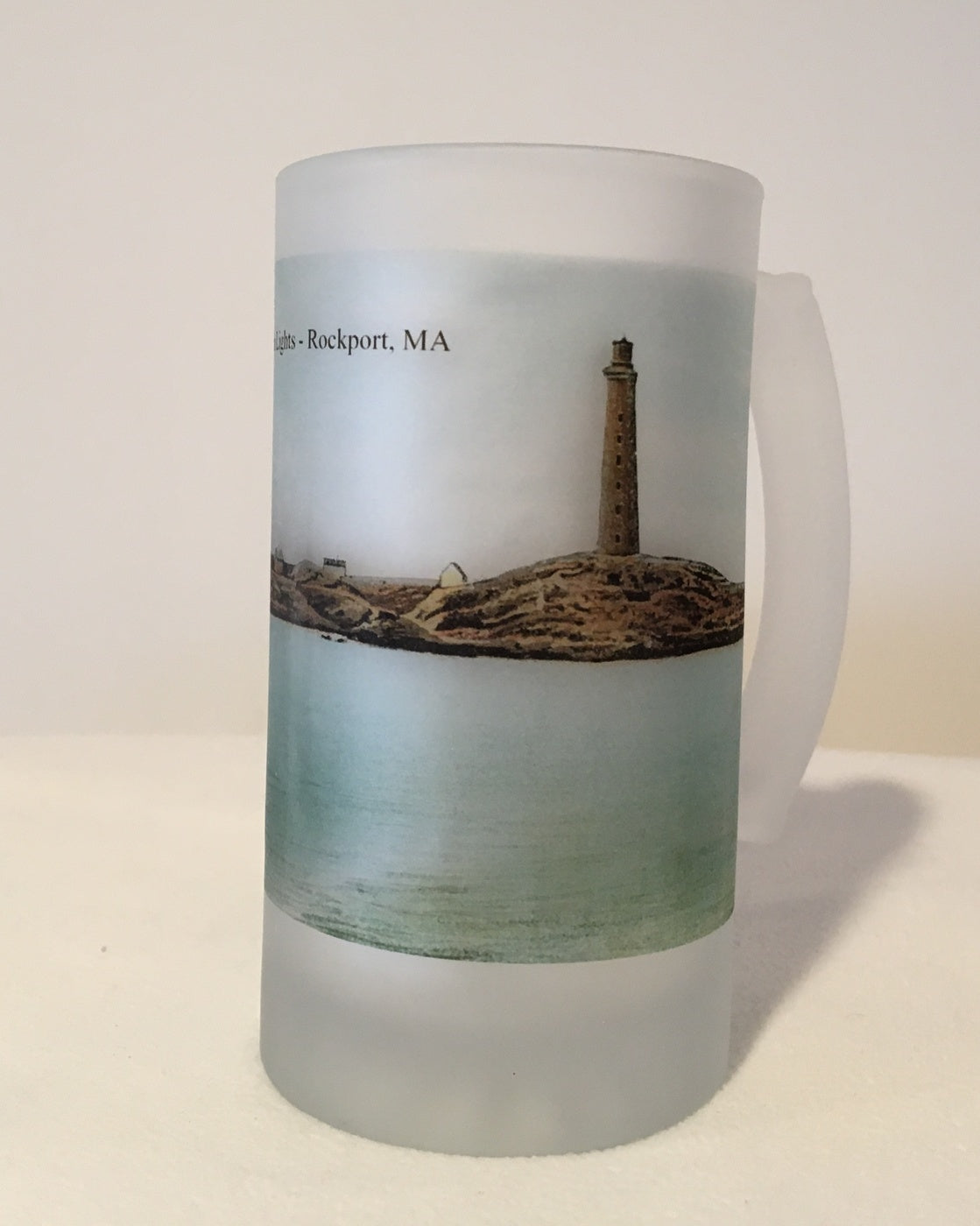 Colorful Frosted Glass Mug of The Twin Lights of Thatcher Island off Rockport, MA.. - That Fabled Shore Home Decor