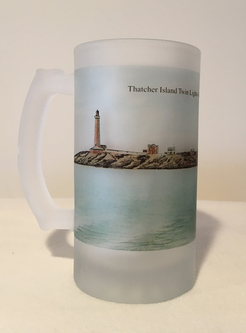 Colorful Frosted Glass Mug of The Twin Lights of Thatcher Island off Rockport, MA.. - That Fabled Shore Home Decor
