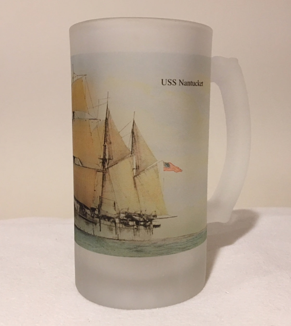 Colorful Frosted Glass Beer Mug of USS Nantucket Under Sail - That Fabled Shore Home Decor