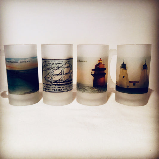 Colorful Frosted Glass Beer Mug Set of (4) Duxbury Including Bug Light and Gurnet Lights. - That Fabled Shore Home Decor