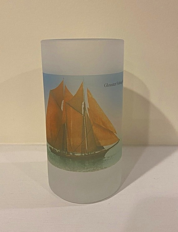 Colorful Frosted Glass Beer Mug Featuring 19th Century Hand Tint of A Gloucester Fishing Schooner