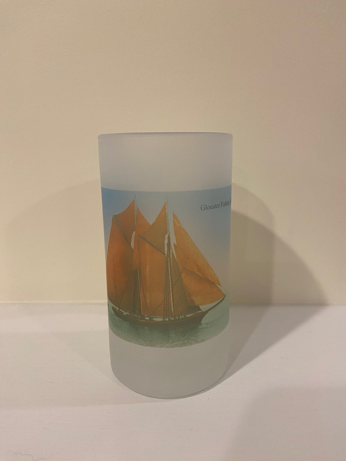 Colorful Frosted Glass Beer Mug Featuring 19th Century Hand Tint of A Gloucester Fishing Schooner