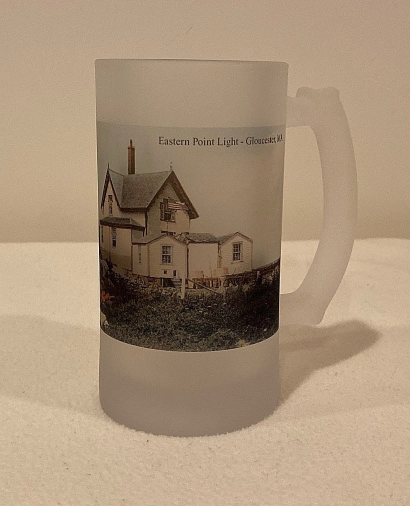 Colorful Frosted Glass Beer Mug of Eastern Point Light in Gloucester, MA - That Fabled Shore Home Decor