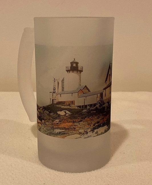 Colorful Frosted Glass Beer Mug of Eastern Point Light in Gloucester, MA - That Fabled Shore Home Decor