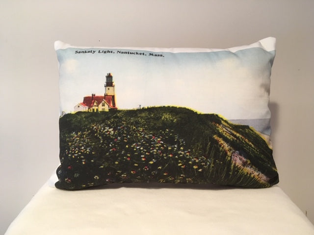 Colorful Cotton Twill Pillow Of Nantucket's Sankaty Light - That Fabled Shore Home Decor