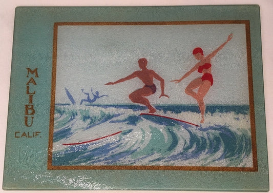 Lady Surfer of Malibu As A Colorful Tempered Glass Cutting Board - That Fabled Shore Home Decor
