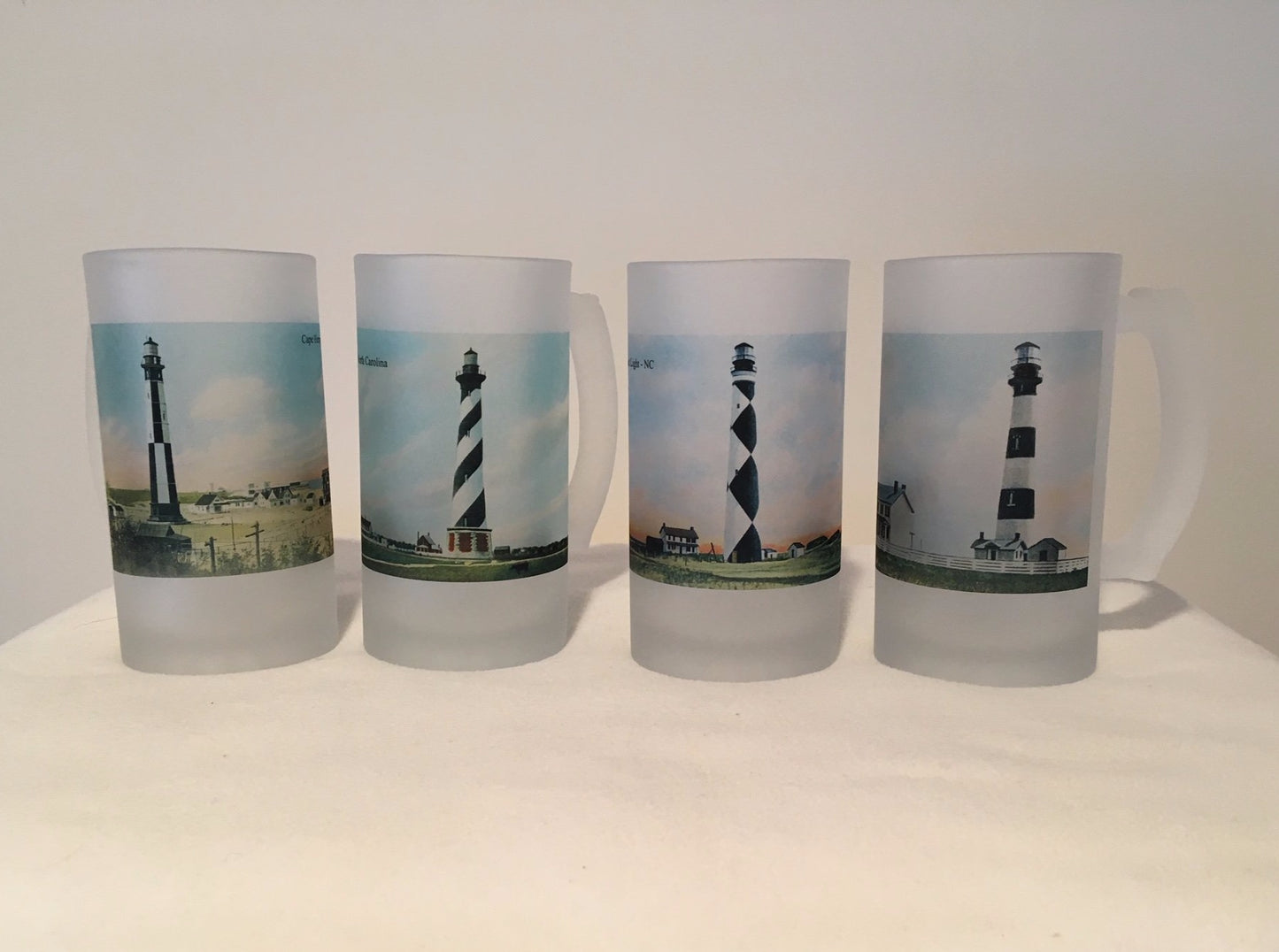 Colorful Frosted Glass Beer Mug Set of (4) Black & White Mid-Atlantic Lighthouses