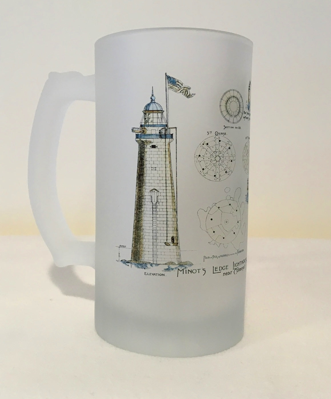 Colorful Frosted Glass Mug of Minot's Light Architectural Diagram - That Fabled Shore Home Decor