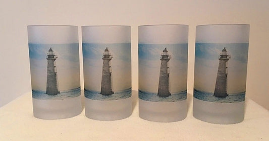 Colorful Frosted Glass Set of Four (4) Blue Minot Light Beer Mugs - That Fabled Shore Home Decor
