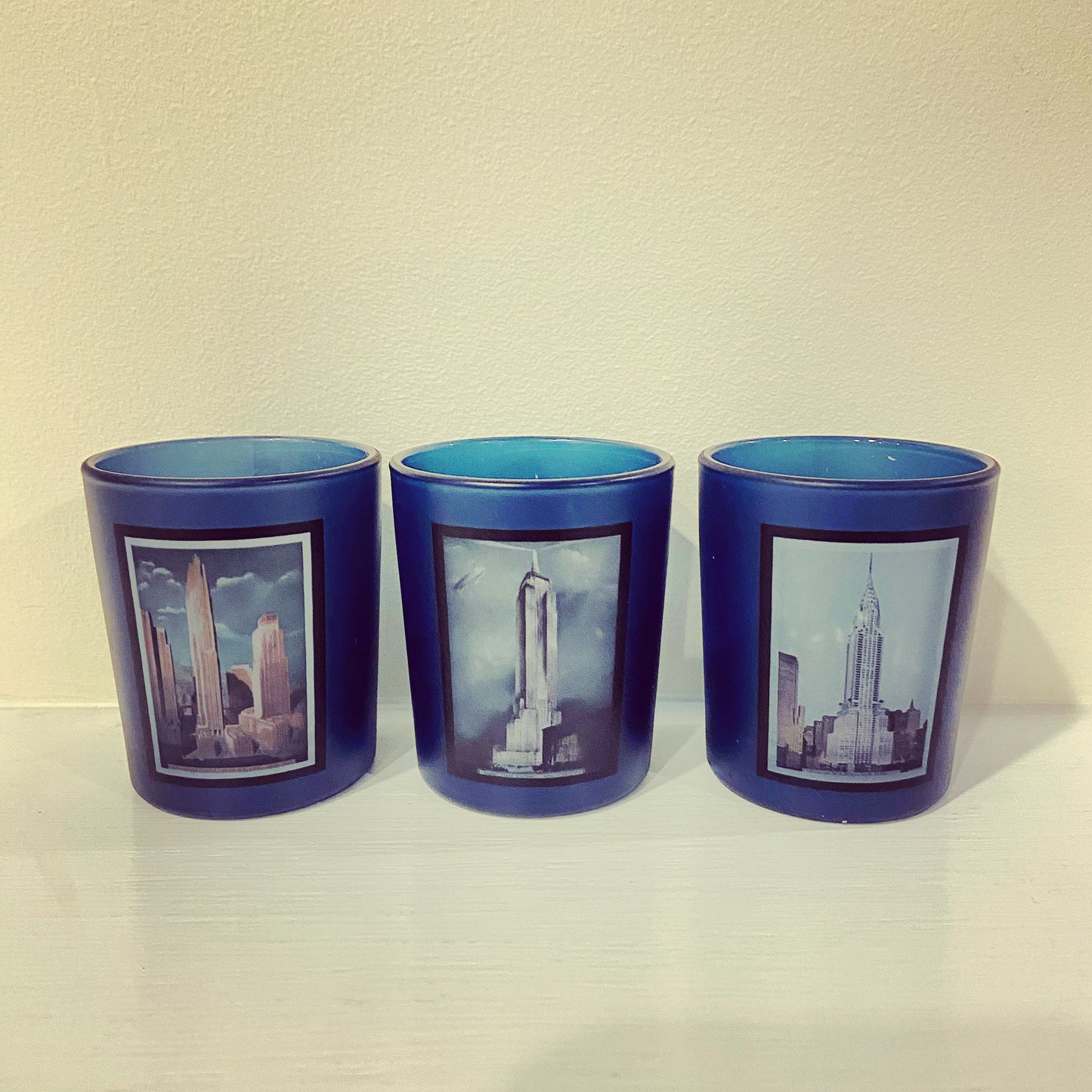 Empire State Building Glass Votive Candle Holders Handmade - Set of 3