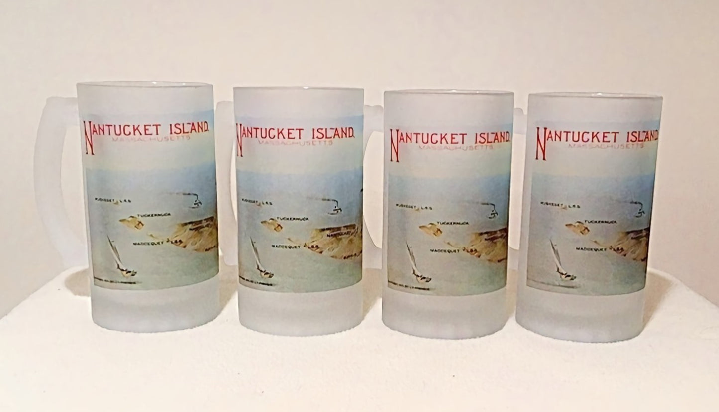 Colorful Frosted Glass Set of (4) Mugs Featuring 19th Century Illustration of The Island of Nantucket.