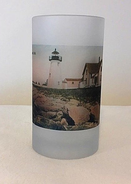 Colorful Frosted Glass Beer Mug Of Ned's Point Light in Mattapoisett, MA - That Fabled Shore Home Decor
