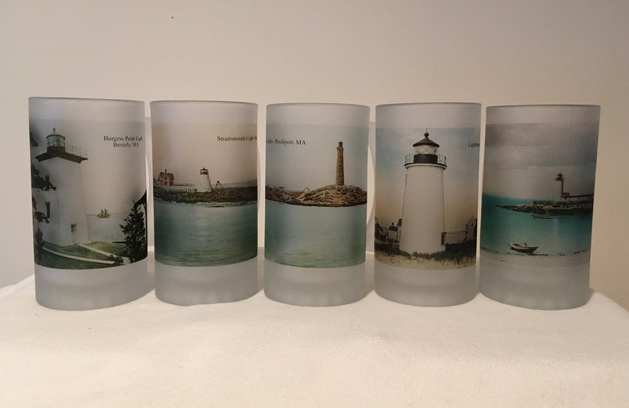 Colorful Frosted Glass Mug Set Of 5 North Shore Lighthouses - That Fabled Shore Home Decor