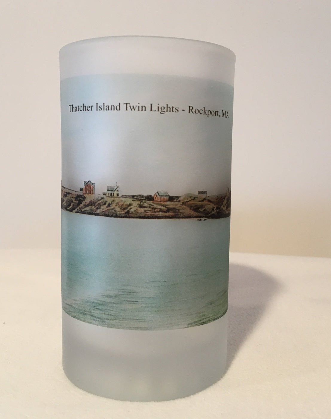 Colorful Frosted Glass Mug of The Twin Lights of Thatcher Island off Rockport, MA.. - That Fabled Shore Home Decor