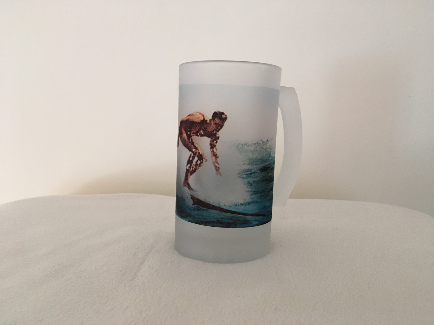 Colorful Frosted Glass Beer Mug of Hawaiian Surf Rider - Circa 1922 - That Fabled Shore Home Decor